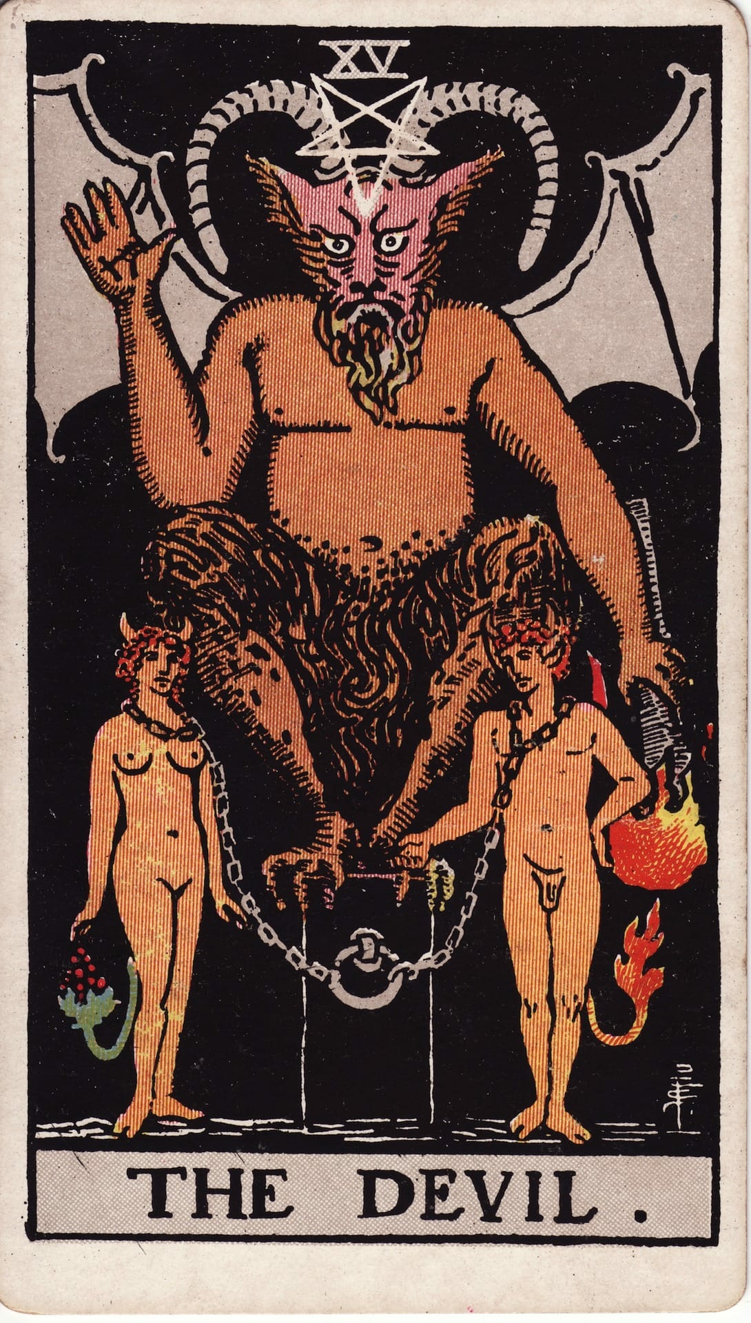 El Diablo tarot card - Arcanos mayores - atadura, deseo, sombra