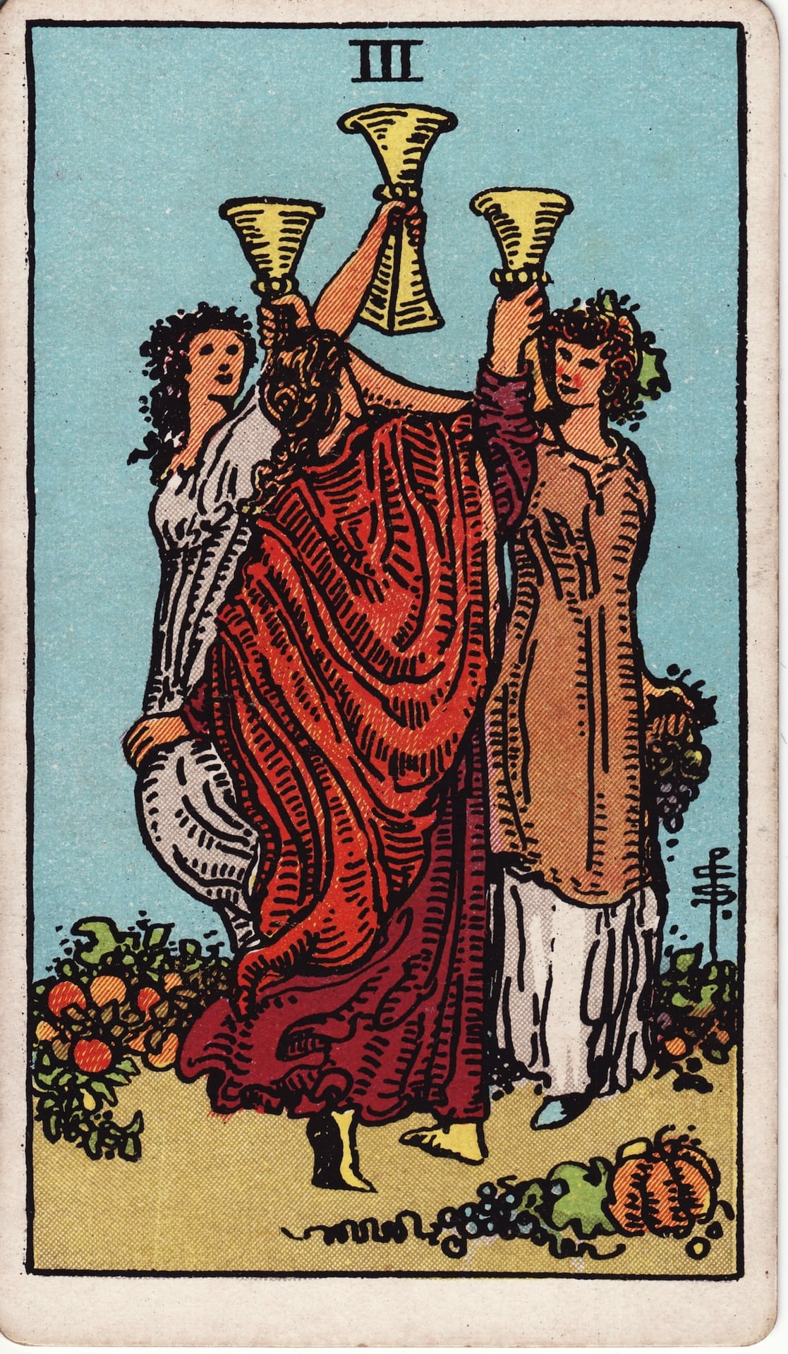 Tres de Copas tarot card - Arcanos menores - celebración, amistad, comunidad