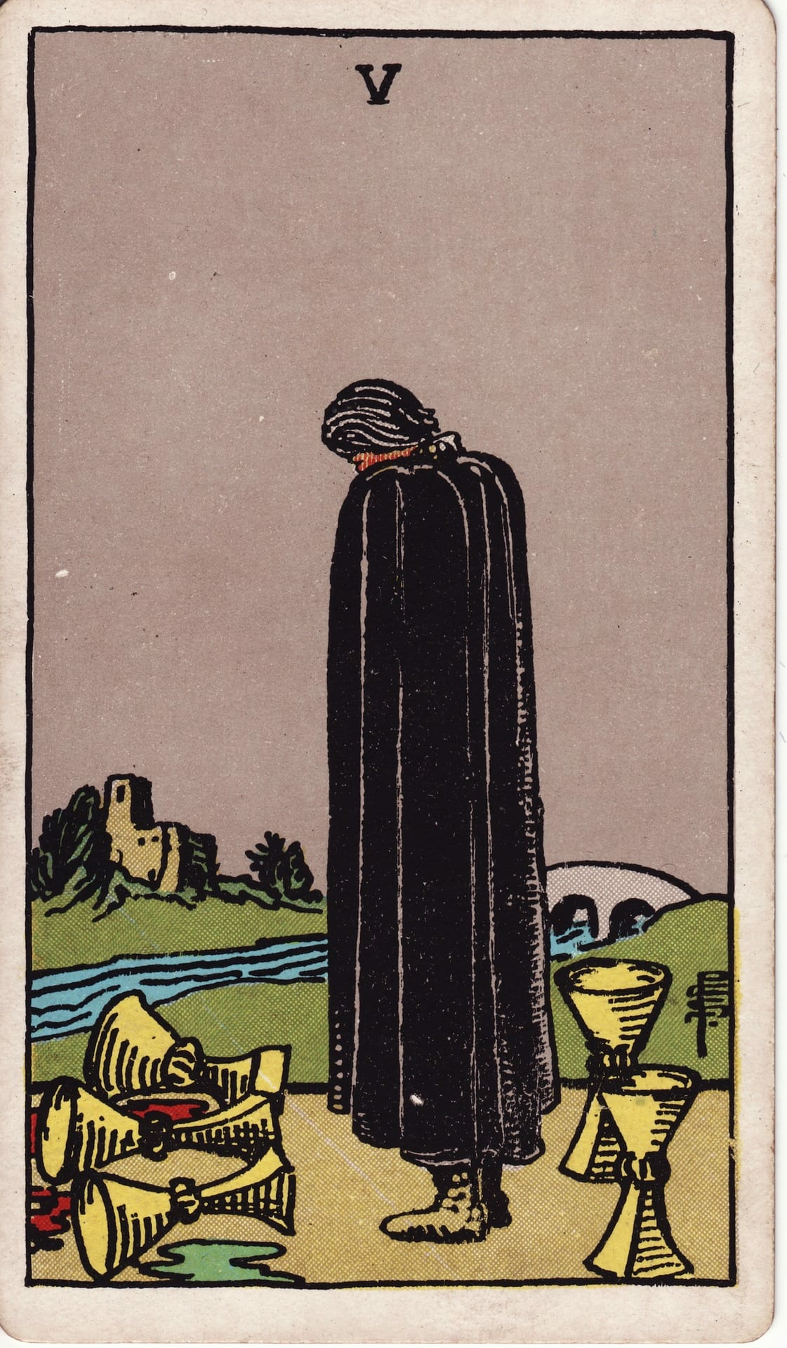Cinco de Copas tarot card - Arcanos menores - pérdida, duelo, decepción