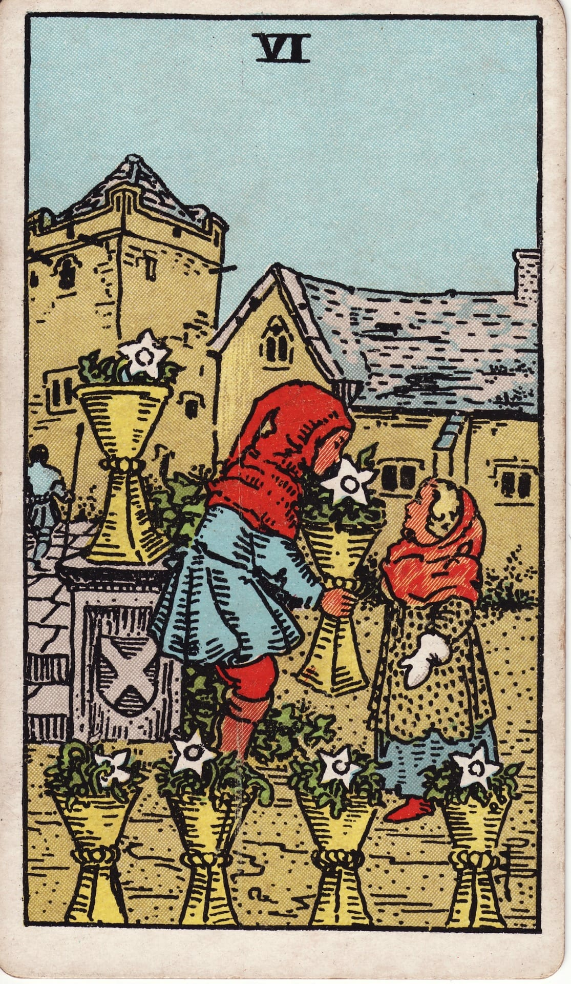 Seis de Copas tarot card - Arcanos menores - recuerdos, nostalgia, inocencia
