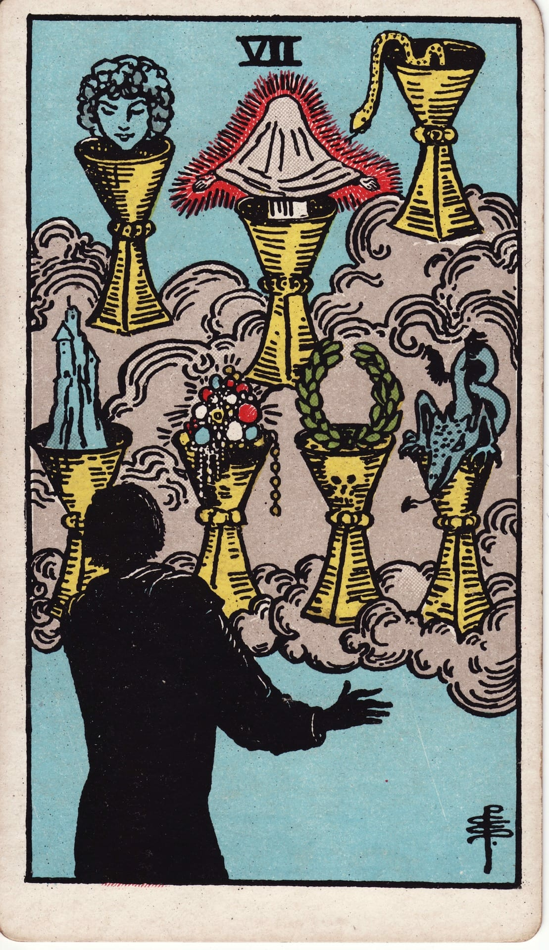 Siete de Copas tarot card - Arcanos menores - opciones, fantasía, imaginación