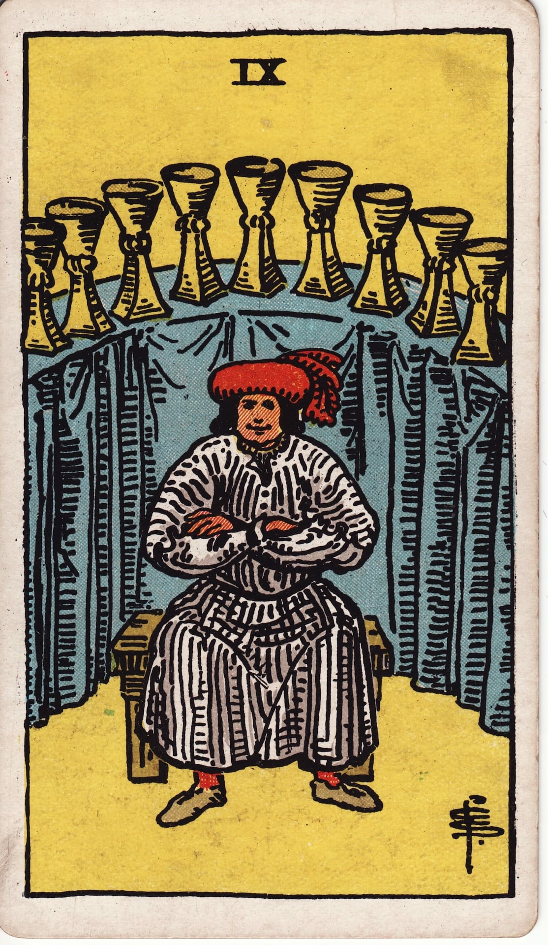 Nueve de Copas tarot card - Arcanos menores - satisfacción, gratitud, deseo cumplido