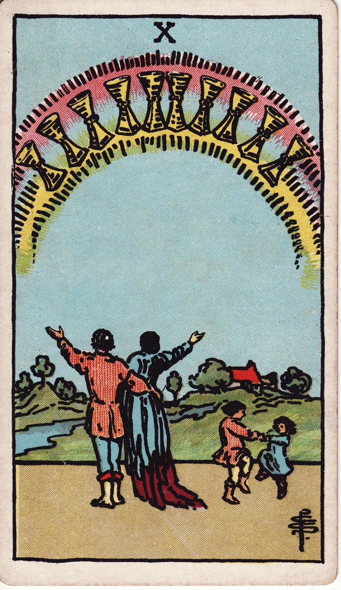 Diez de Copas tarot card - Arcanos menores - familia, plenitud emocional, armonía