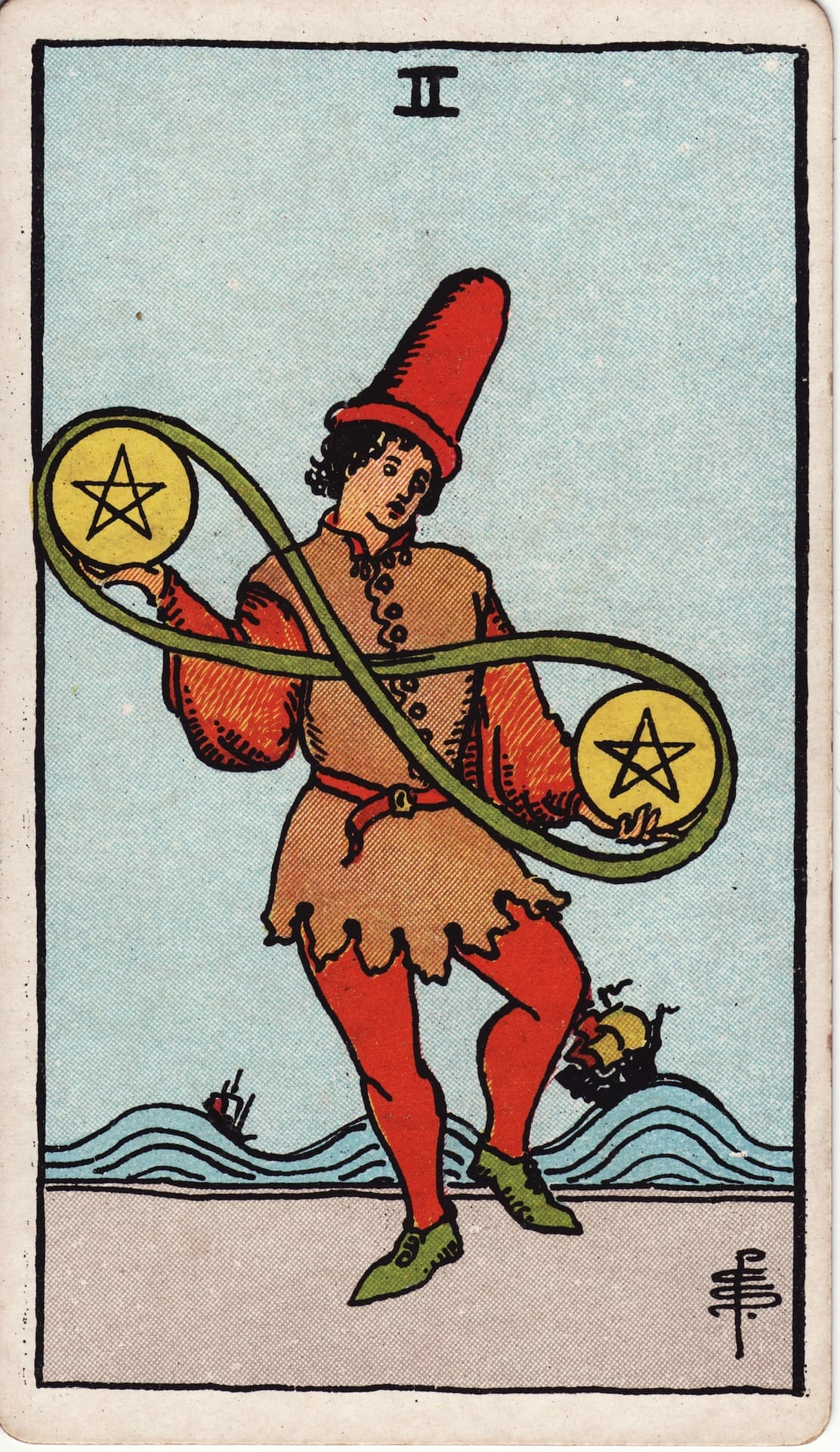 Dos de Oros tarot card - Arcanos menores - equilibrio, prioridades, adaptabilidad