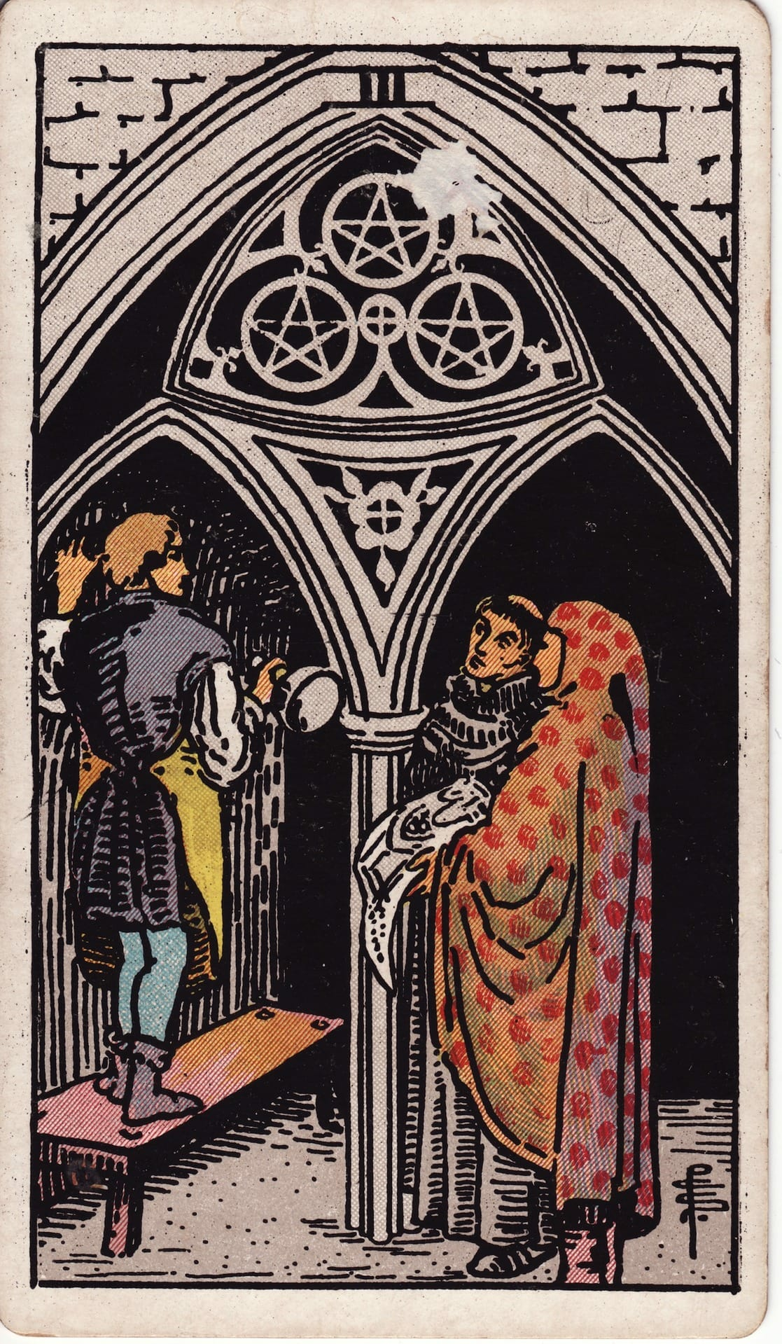 Tres de Oros tarot card - Arcanos menores - colaboración, aprendizaje, trabajo en equipo