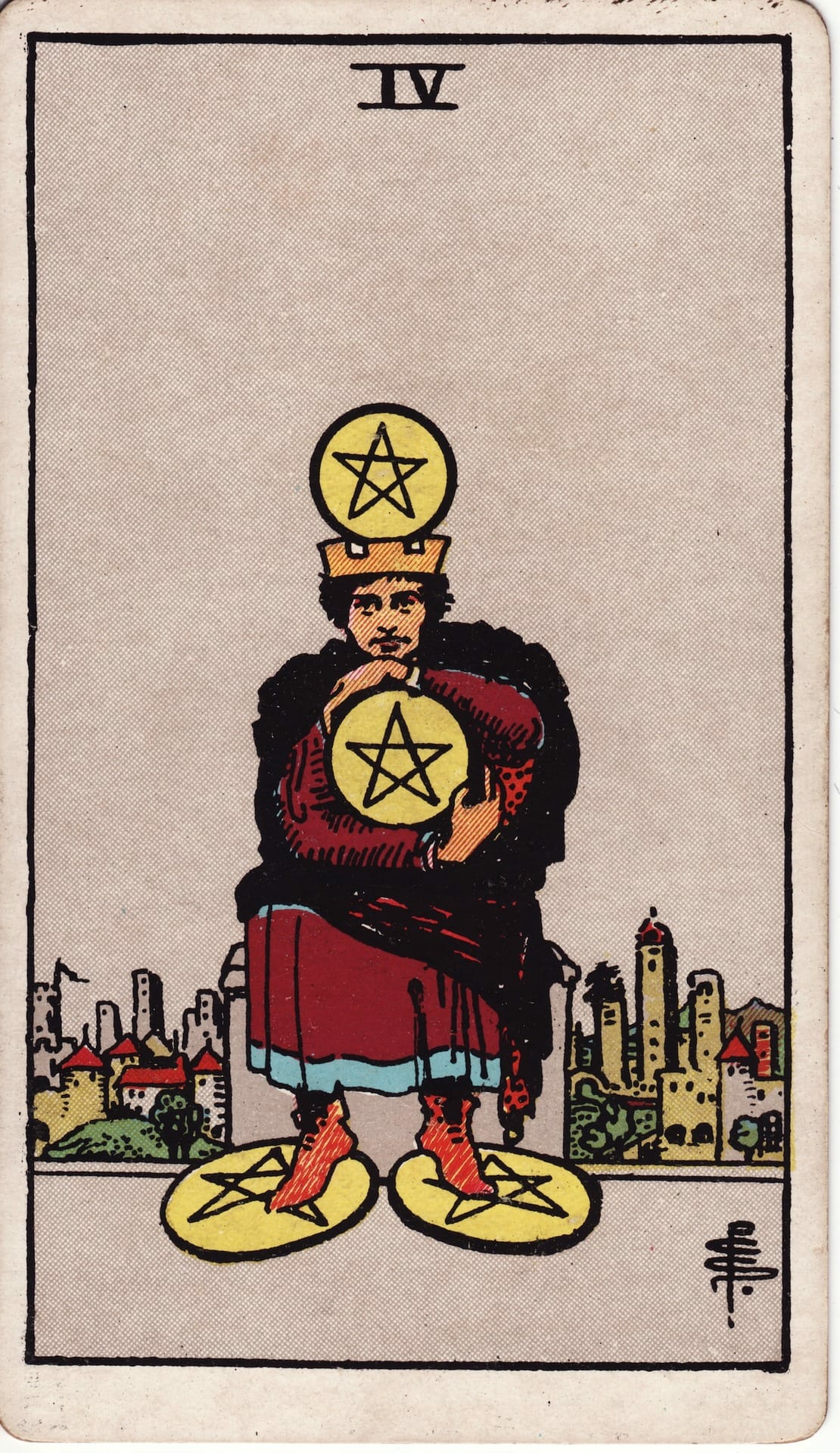Cuatro de Oros tarot card - Arcanos menores - seguridad, ahorro, control