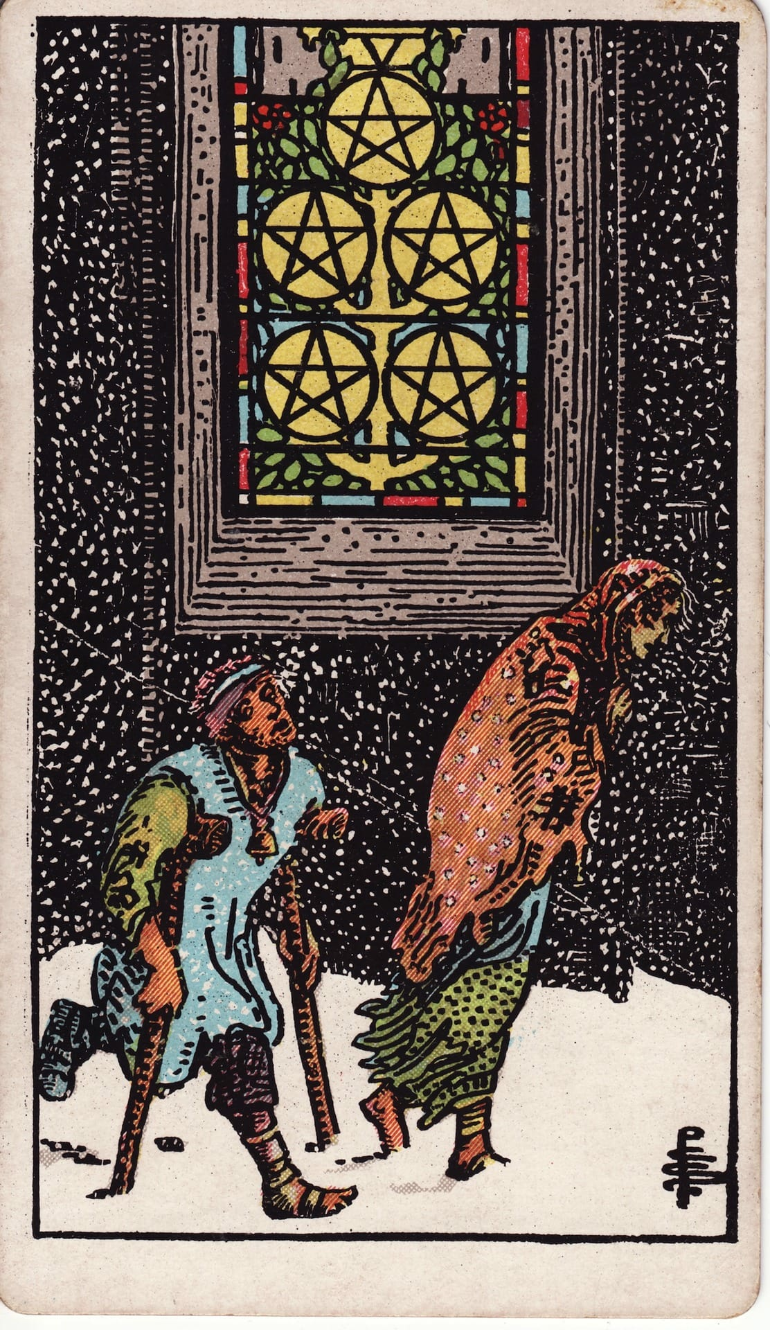 Cinco de Oros tarot card - Arcanos menores - escasez, pérdida material, preocupación