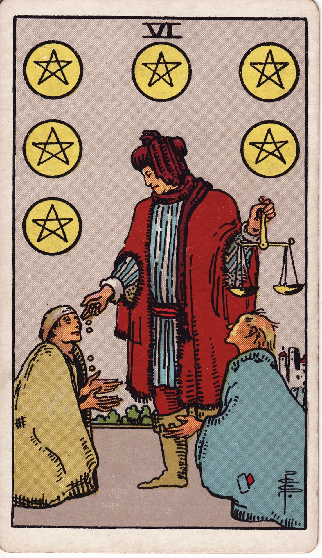 Seis de Oros tarot card - Arcanos menores - generosidad, ayuda, intercambio