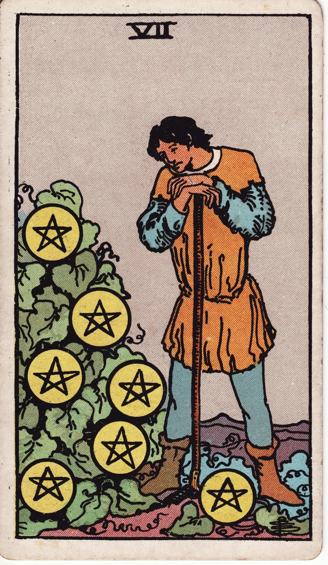 Siete de Oros tarot card - Arcanos menores - paciencia, inversión, resultados sostenibles