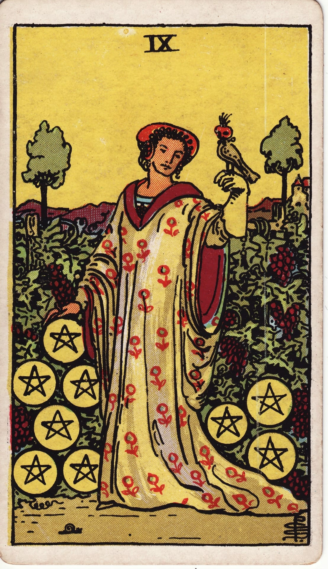 Nueve de Oros tarot card - Arcanos menores - independencia, abundancia, autonomía