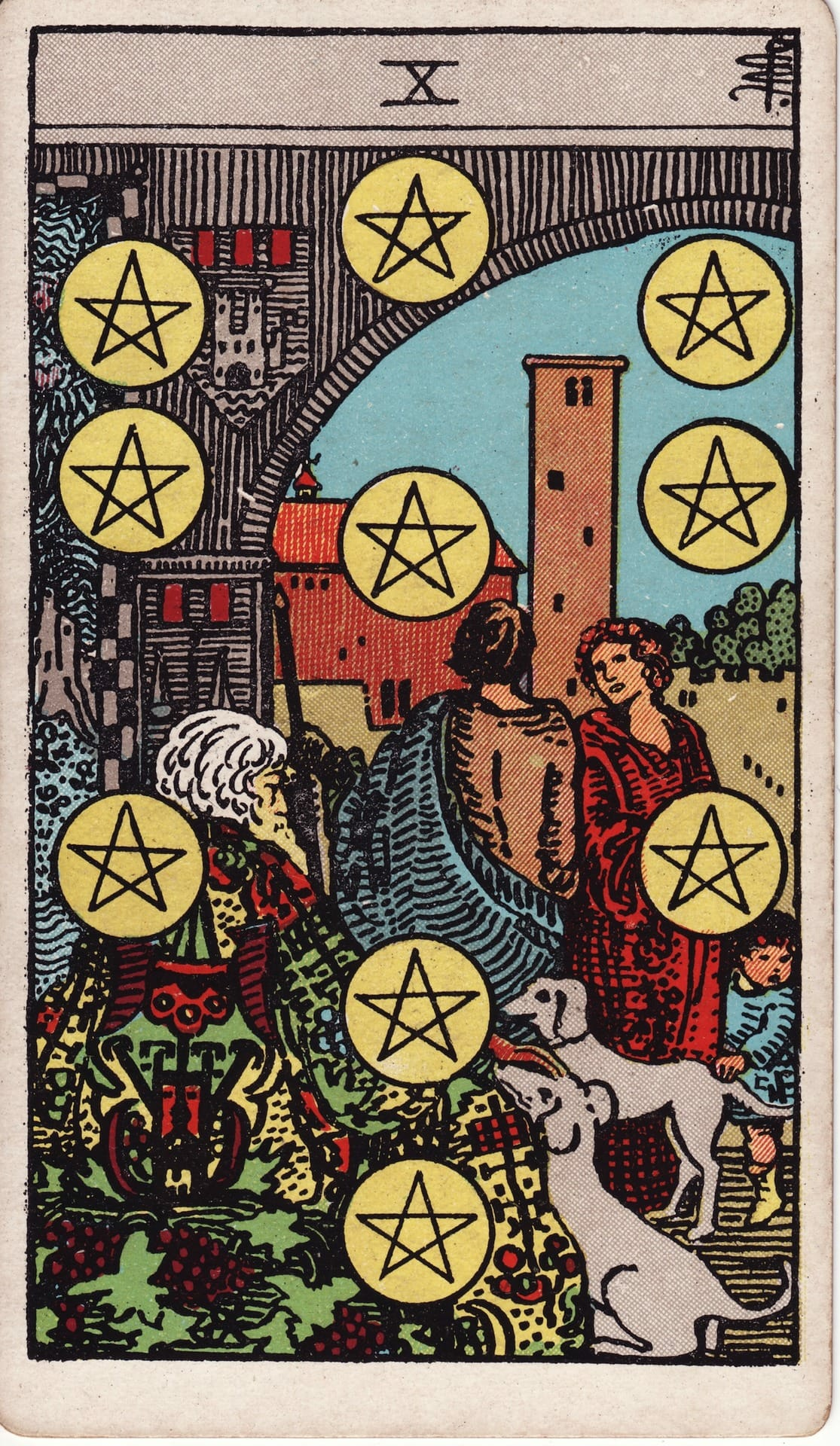Diez de Oros tarot card - Arcanos menores - legado, familia, riqueza