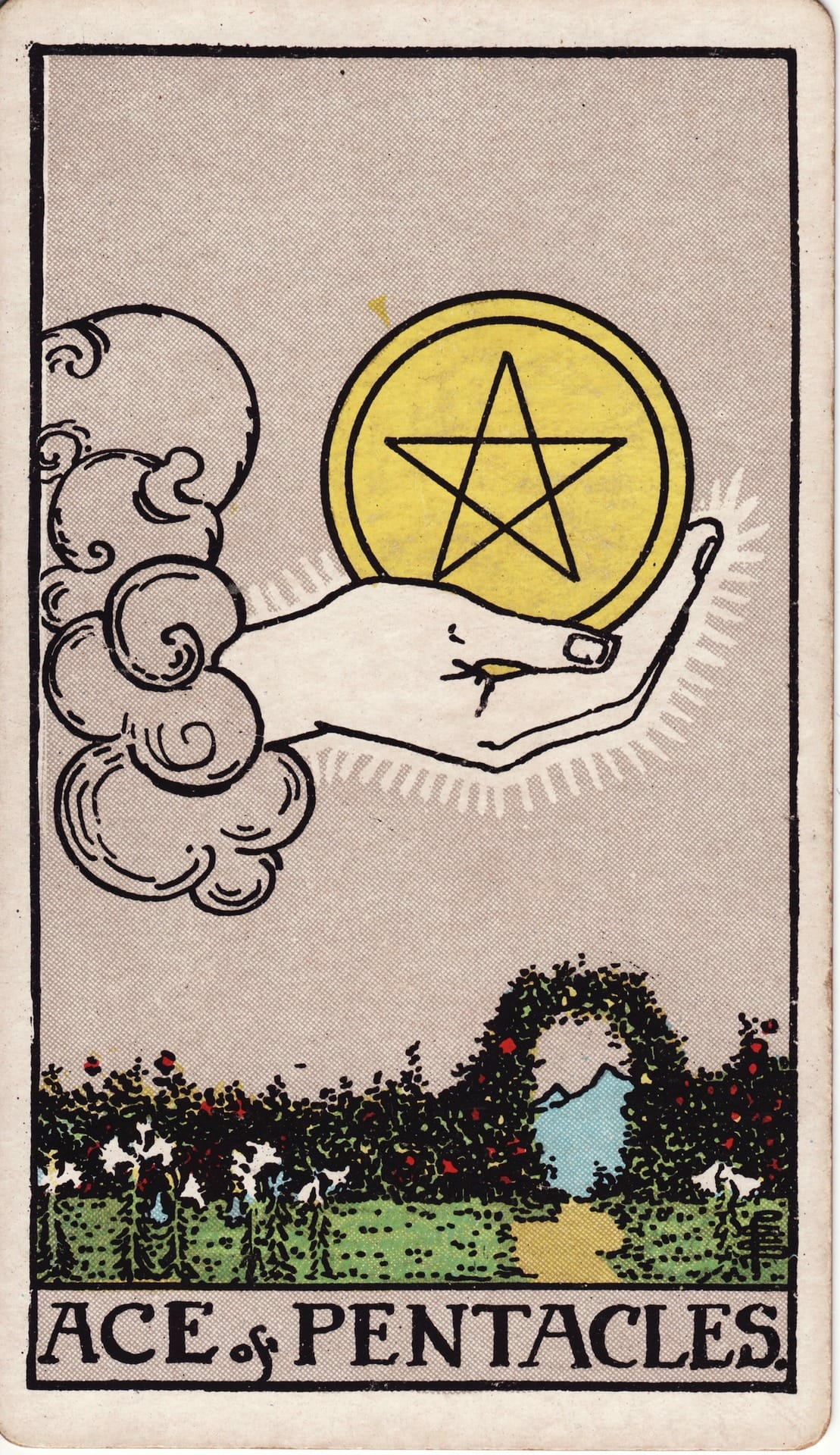 As de Oros tarot card - Arcanos menores - oportunidad material, nuevo trabajo, prosperidad