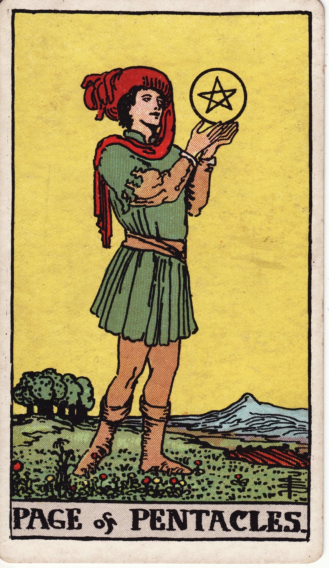 Sota de Oros tarot card - Arcanos menores - aprendizaje práctico, oportunidad, estudio