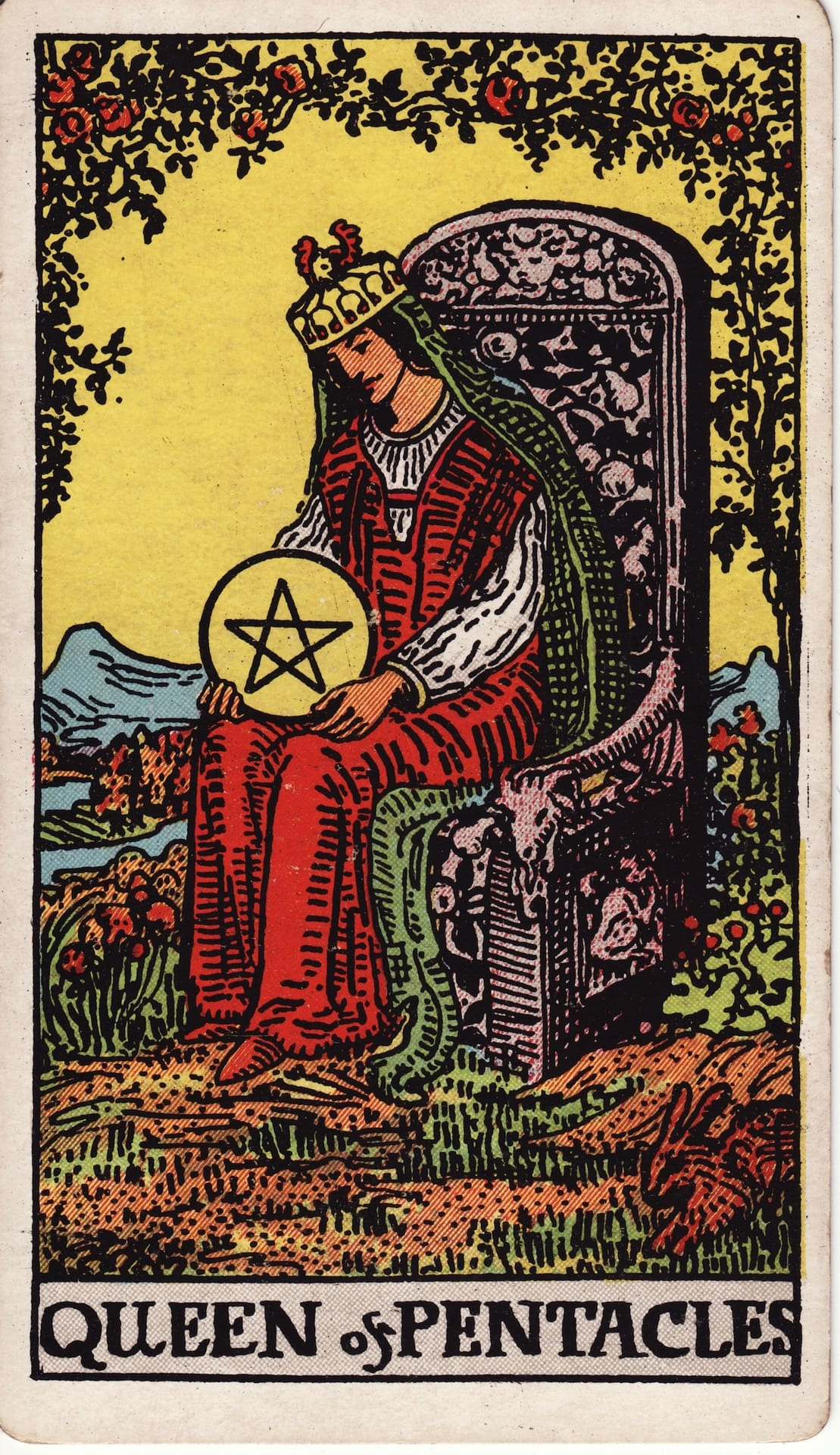 Reina de Oros tarot card - Arcanos menores - cuidado práctico, seguridad, abundancia