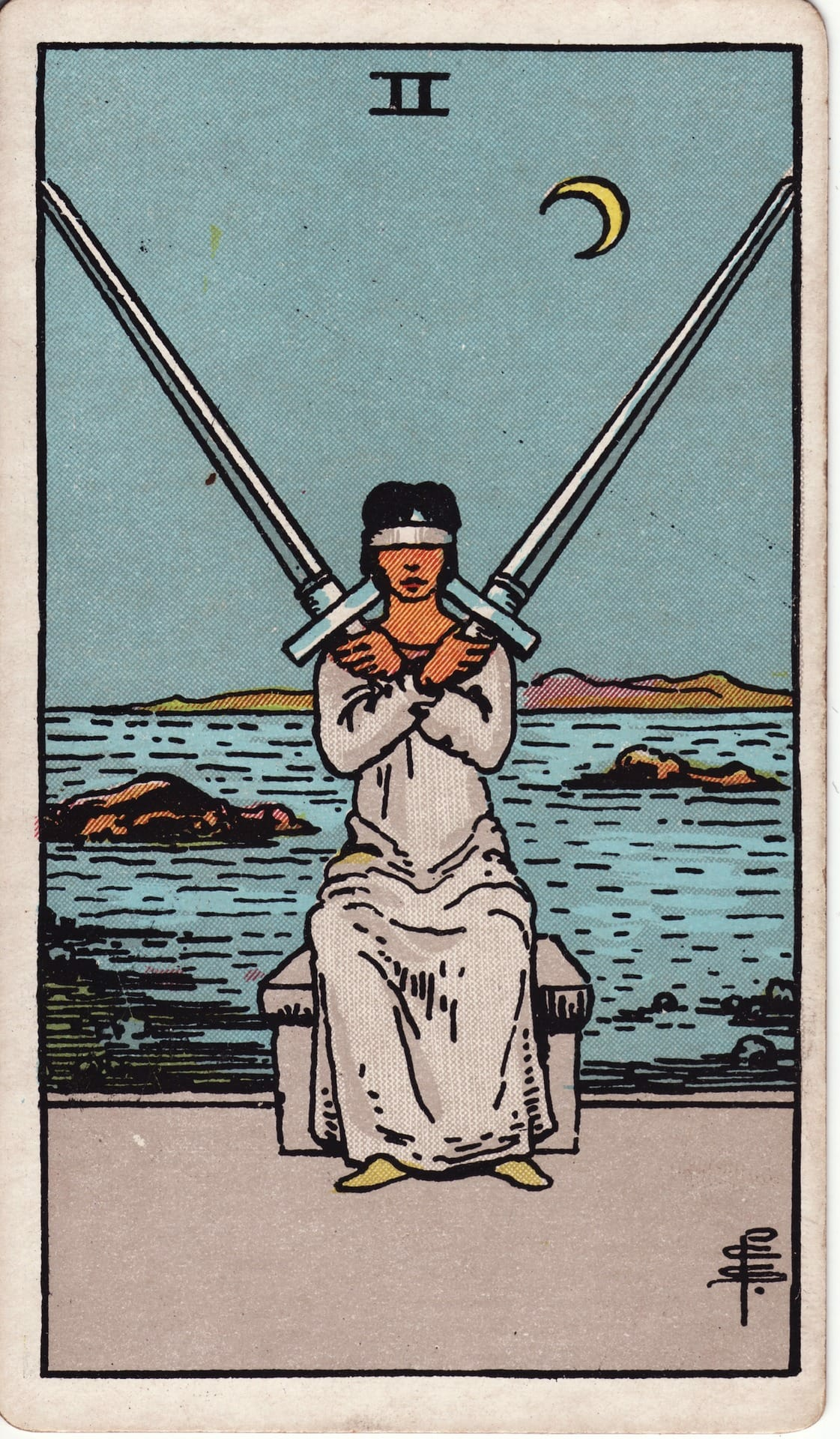 Dos de Espadas tarot card - Arcanos menores - indecisión, bloqueo, elección difícil