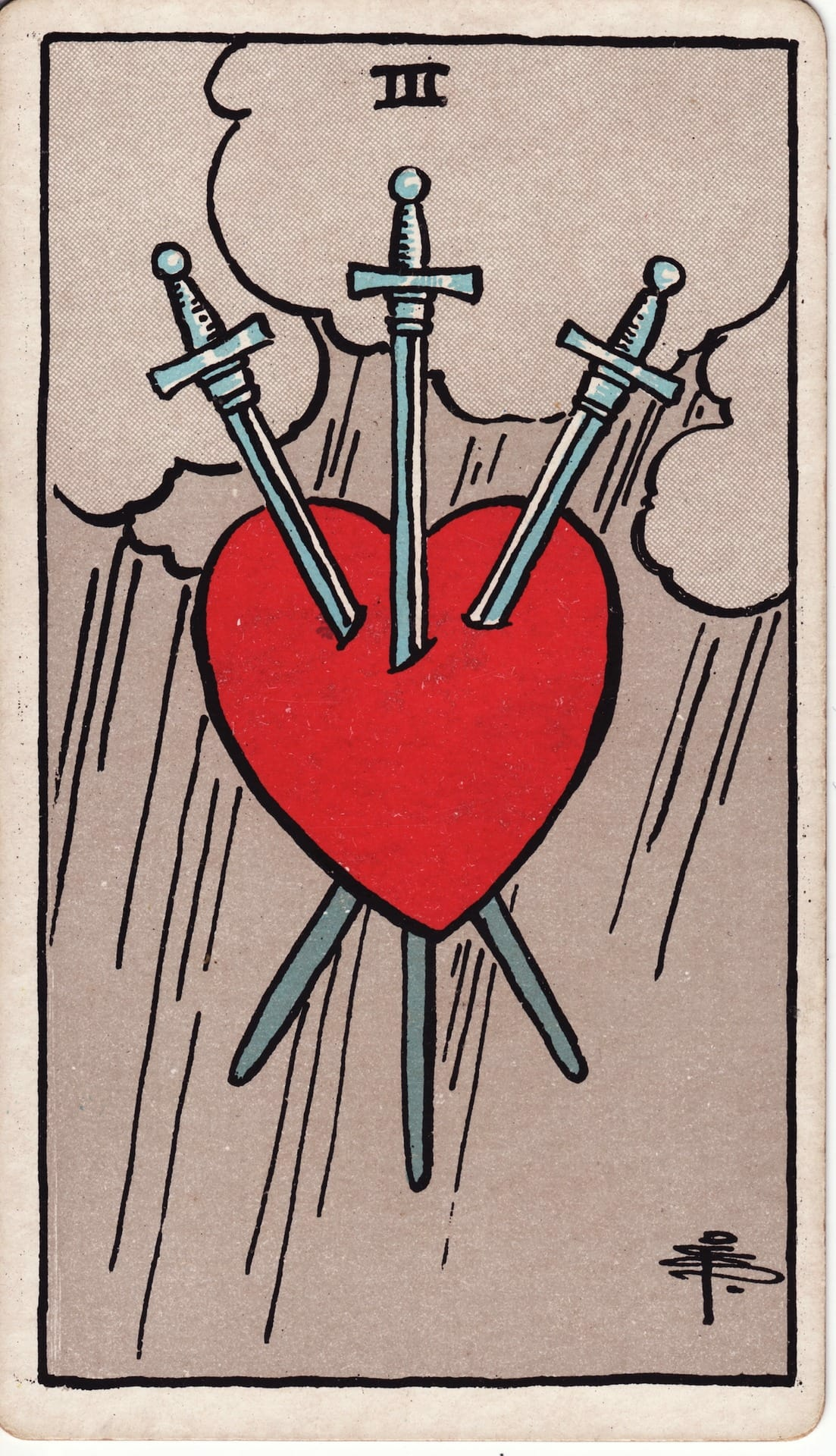 Tres de Espadas tarot card - Arcanos menores - dolor, ruptura, tristeza
