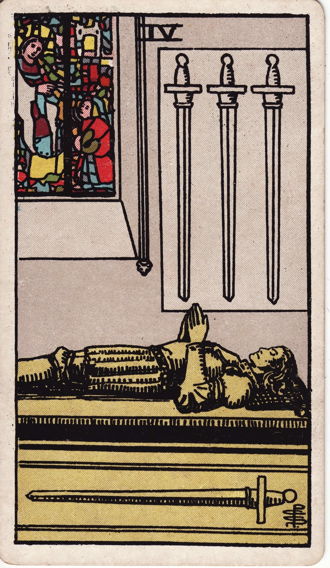 Cuatro de Espadas tarot card - Arcanos menores - descanso, recuperación, meditación