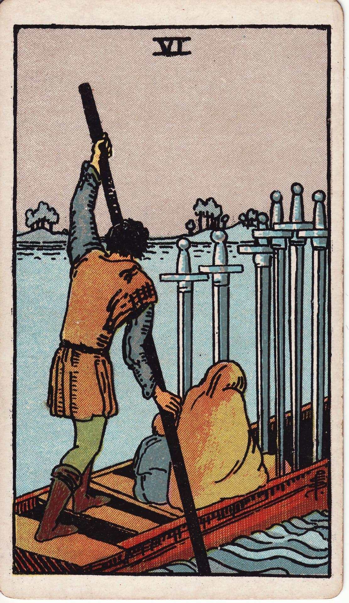 Seis de Espadas tarot card - Arcanos menores - transición, avance, superar conflicto