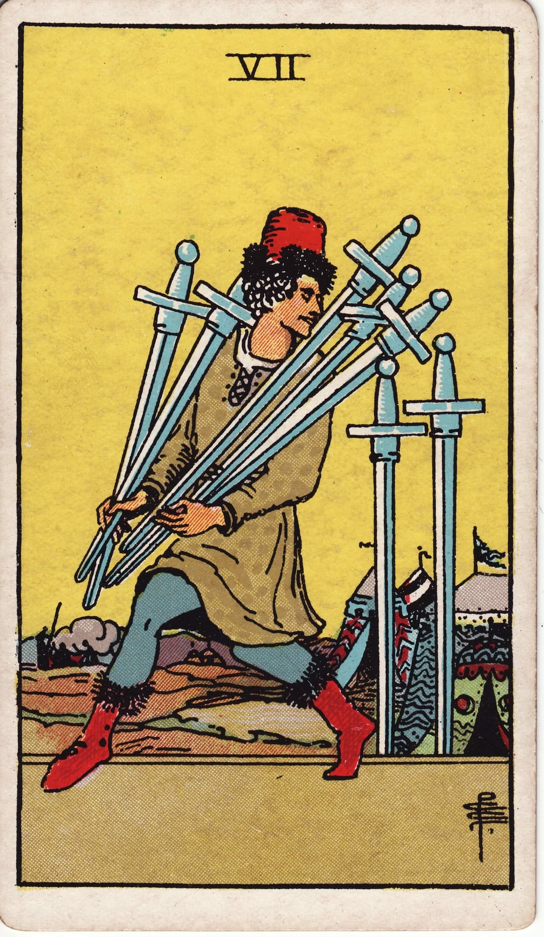 Siete de Espadas tarot card - Arcanos menores - estrategia, discreción, engaño