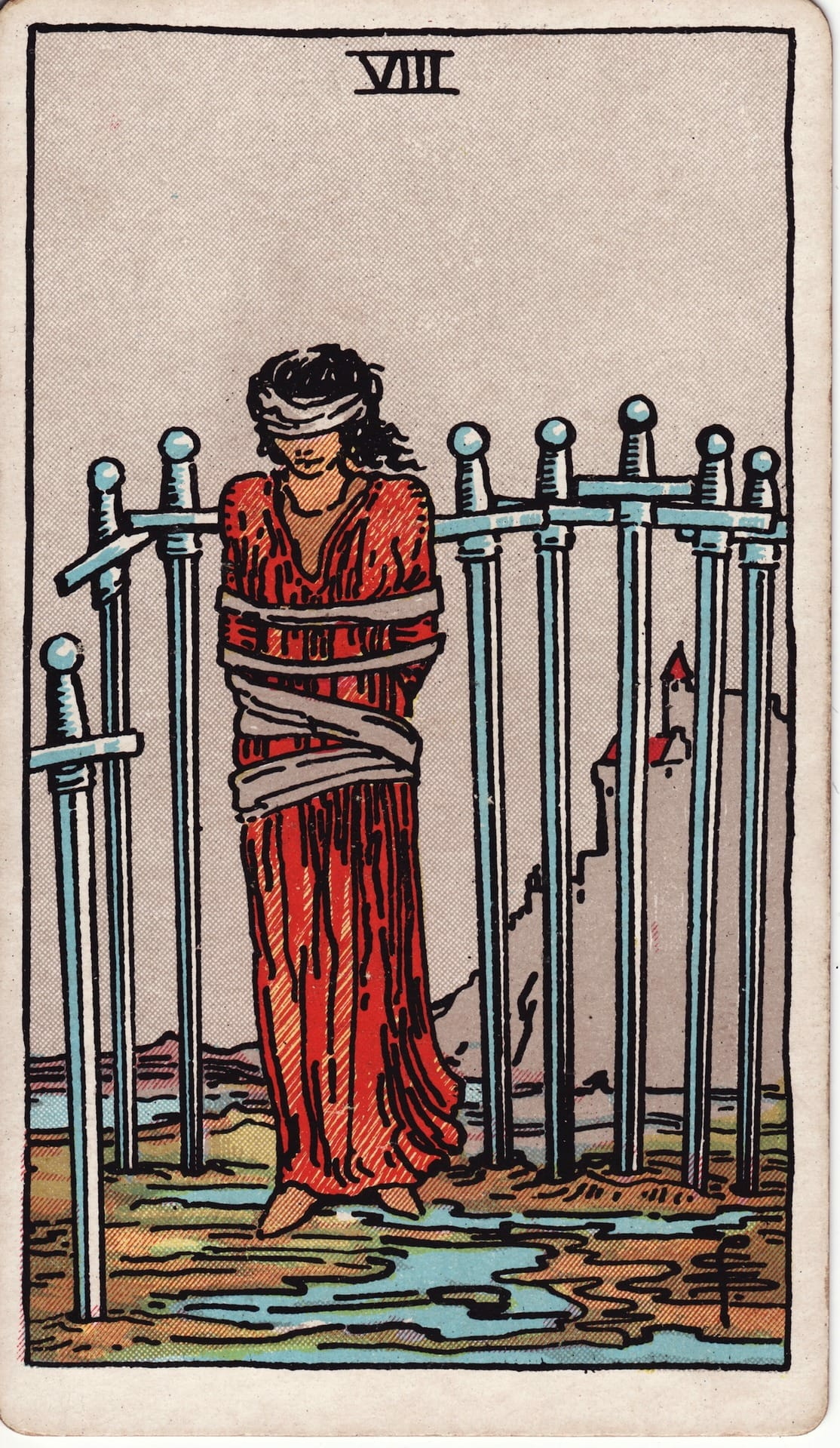 Ocho de Espadas tarot card - Arcanos menores - restricción, miedo, bloqueo mental