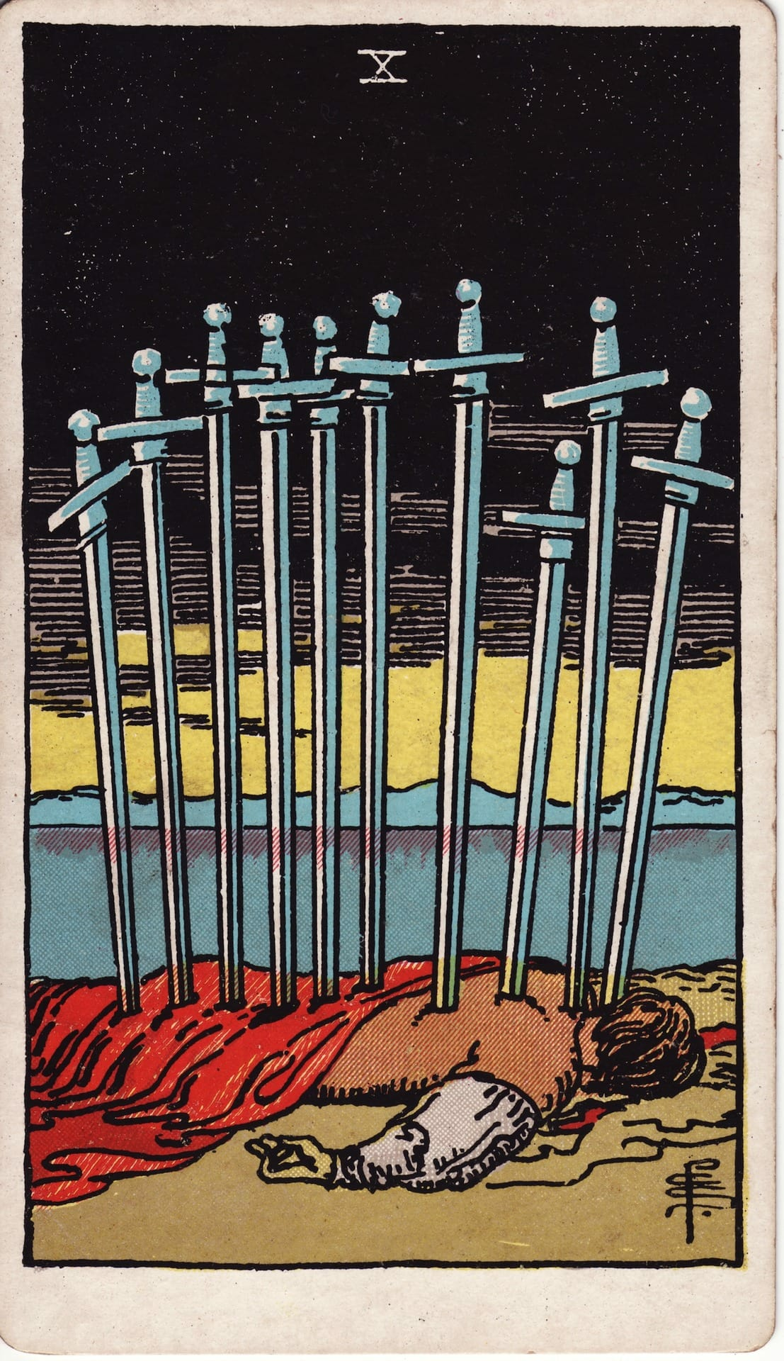 Diez de Espadas tarot card - Arcanos menores - final doloroso, agotamiento, traición