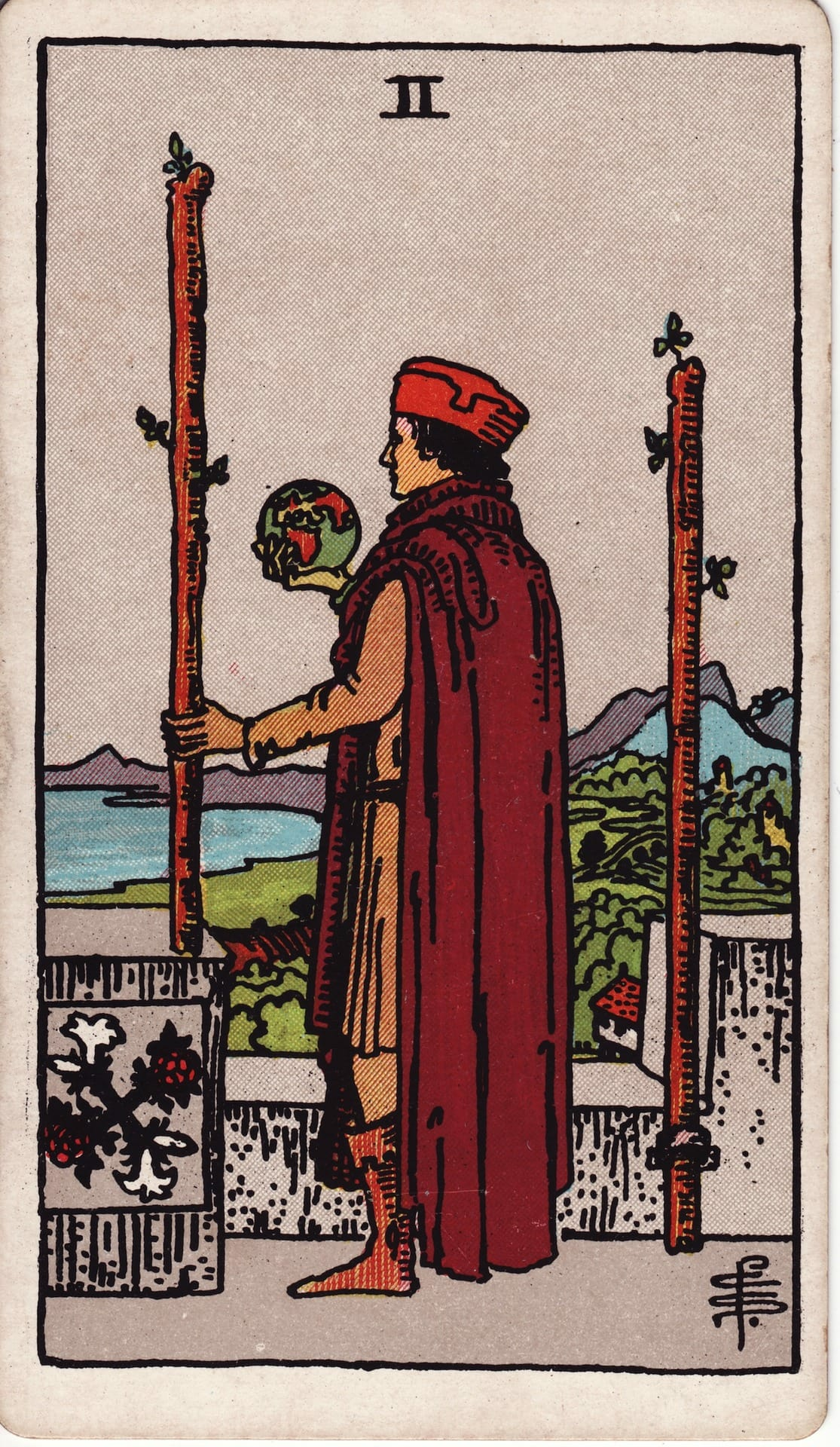 Dos de Bastos tarot card - Arcanos menores - planificación, visión, decisiones futuras