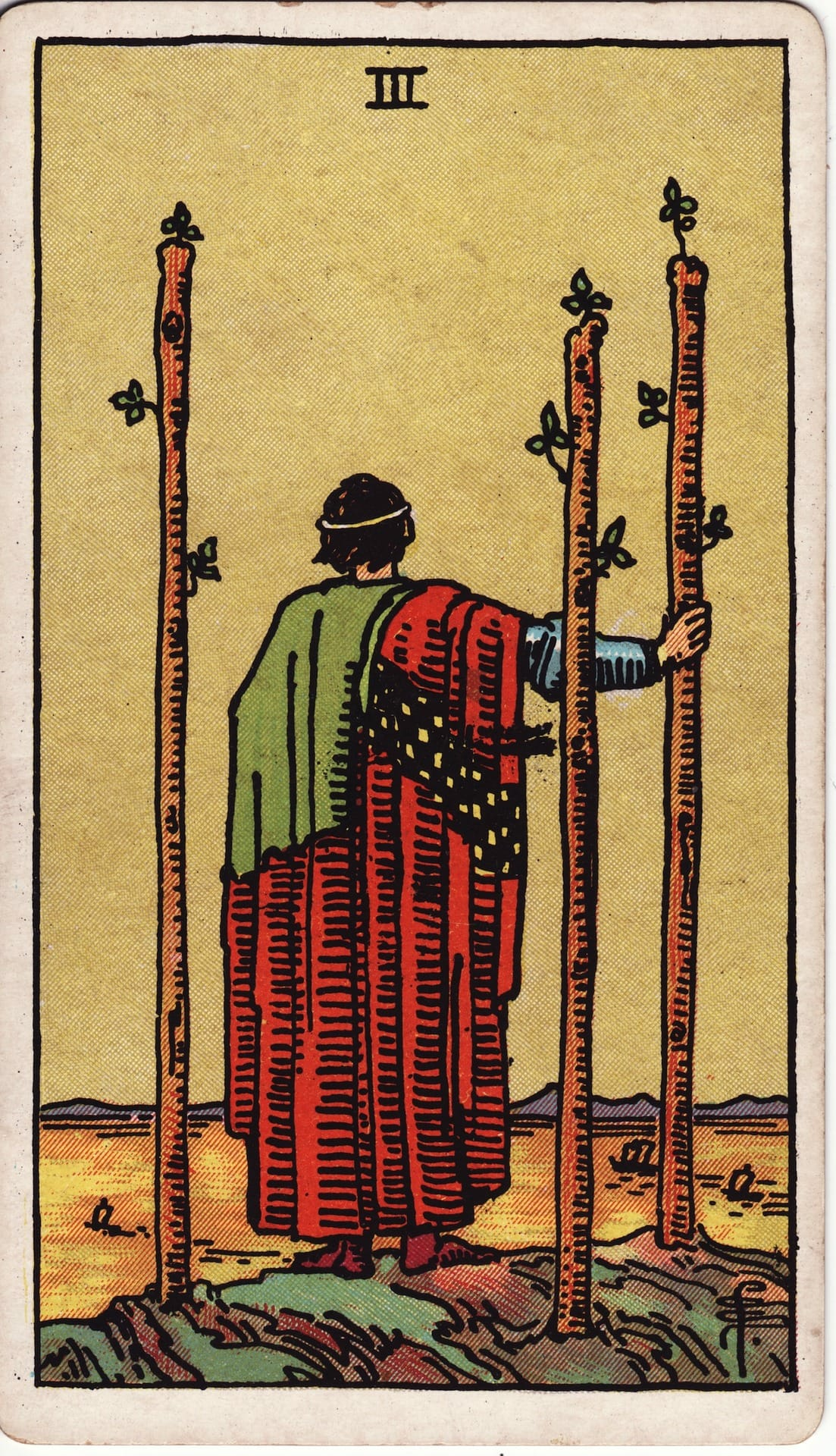 Tres de Bastos tarot card - Arcanos menores - expansión, progreso, oportunidades lejanas