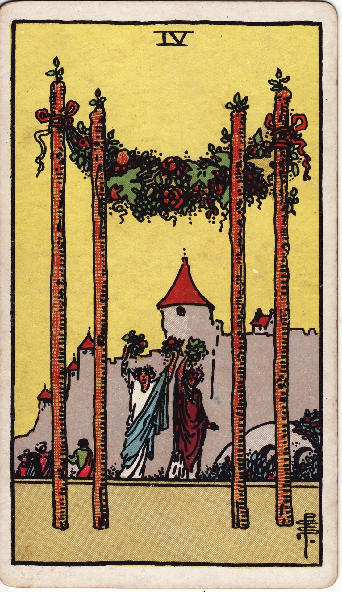 Cuatro de Bastos tarot card - Arcanos menores - celebración, hogar, estabilidad