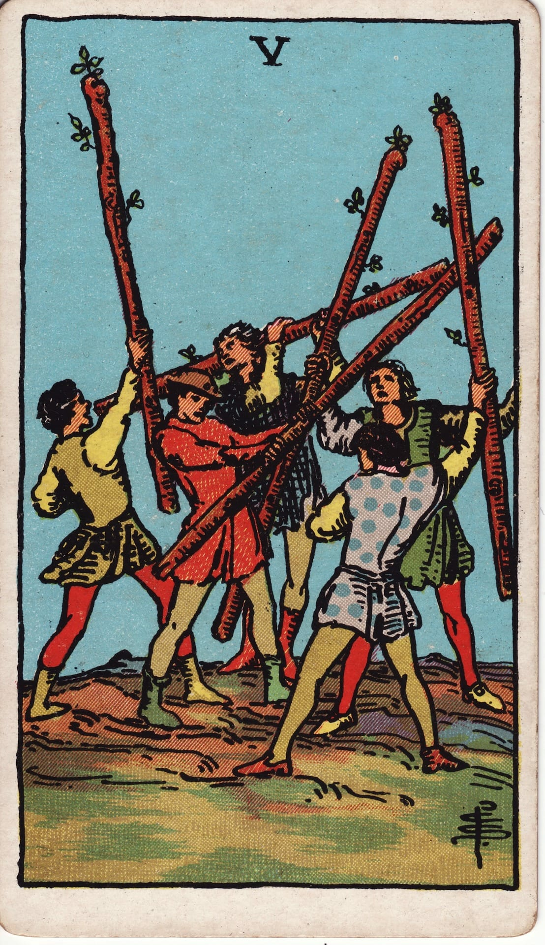 Cinco de Bastos tarot card - Arcanos menores - competencia, conflicto, desafío