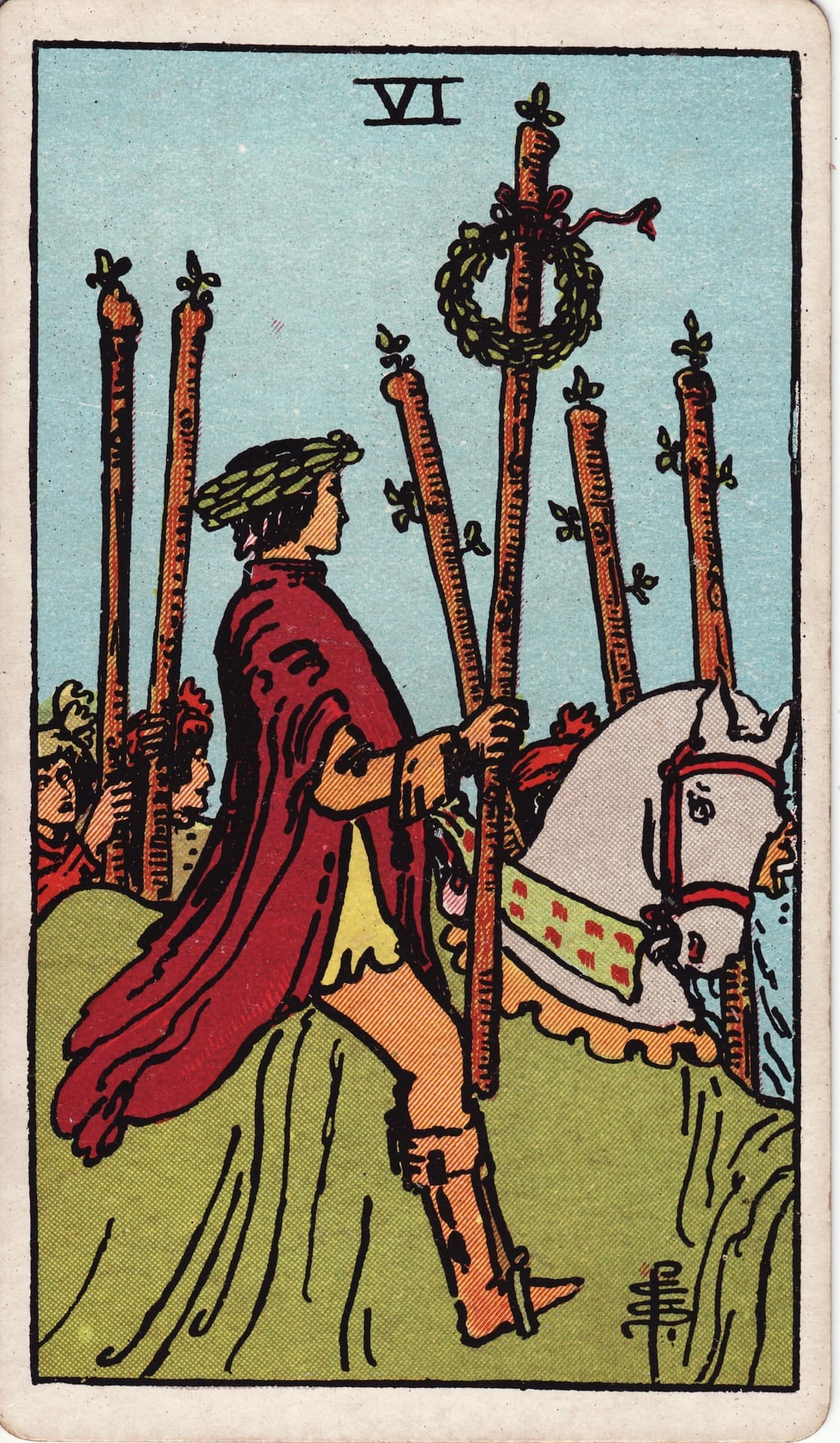 Seis de Bastos tarot card - Arcanos menores - reconocimiento, victoria, confianza