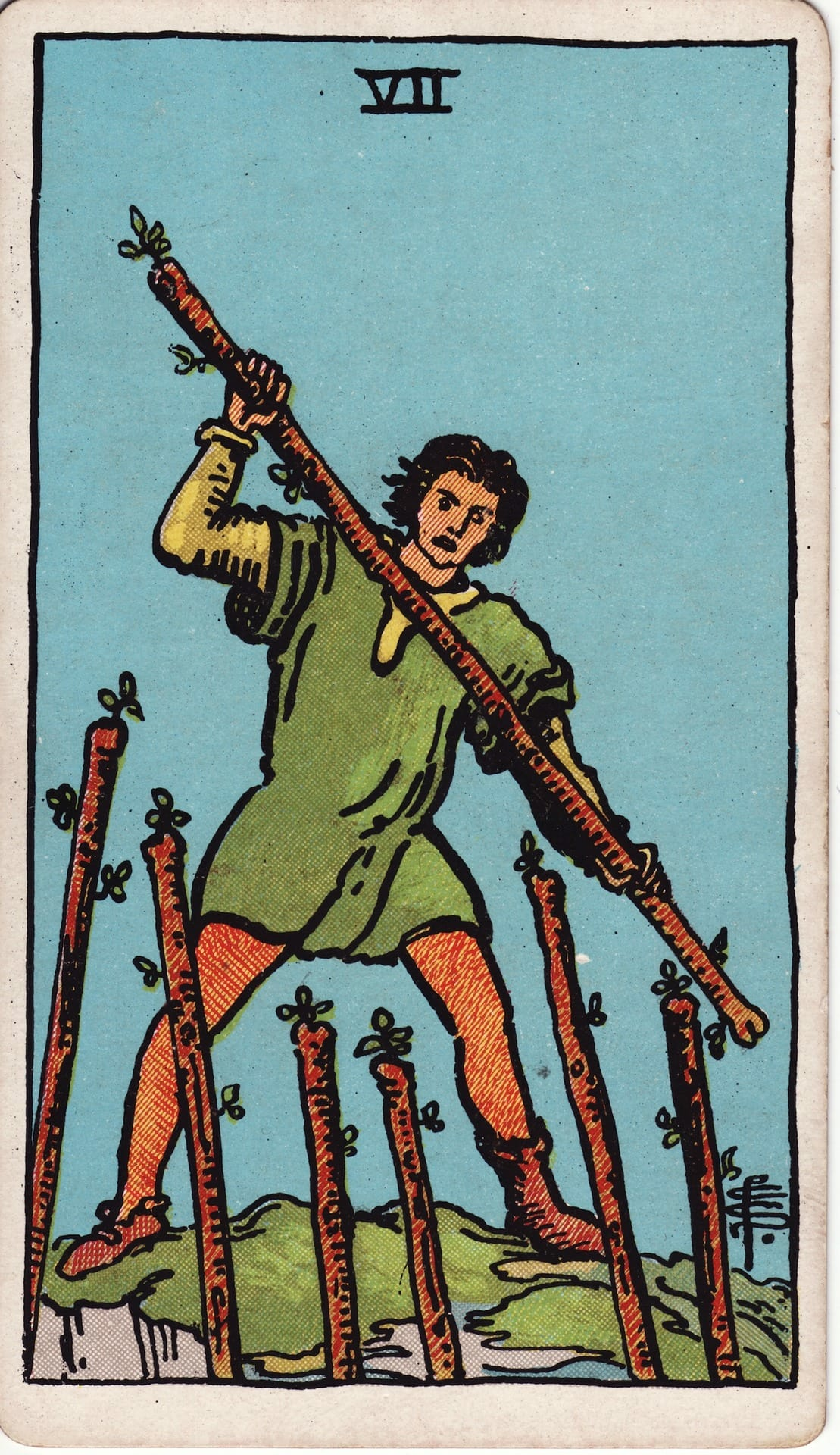 Siete de Bastos tarot card - Arcanos menores - defensa, perseverancia, convicción