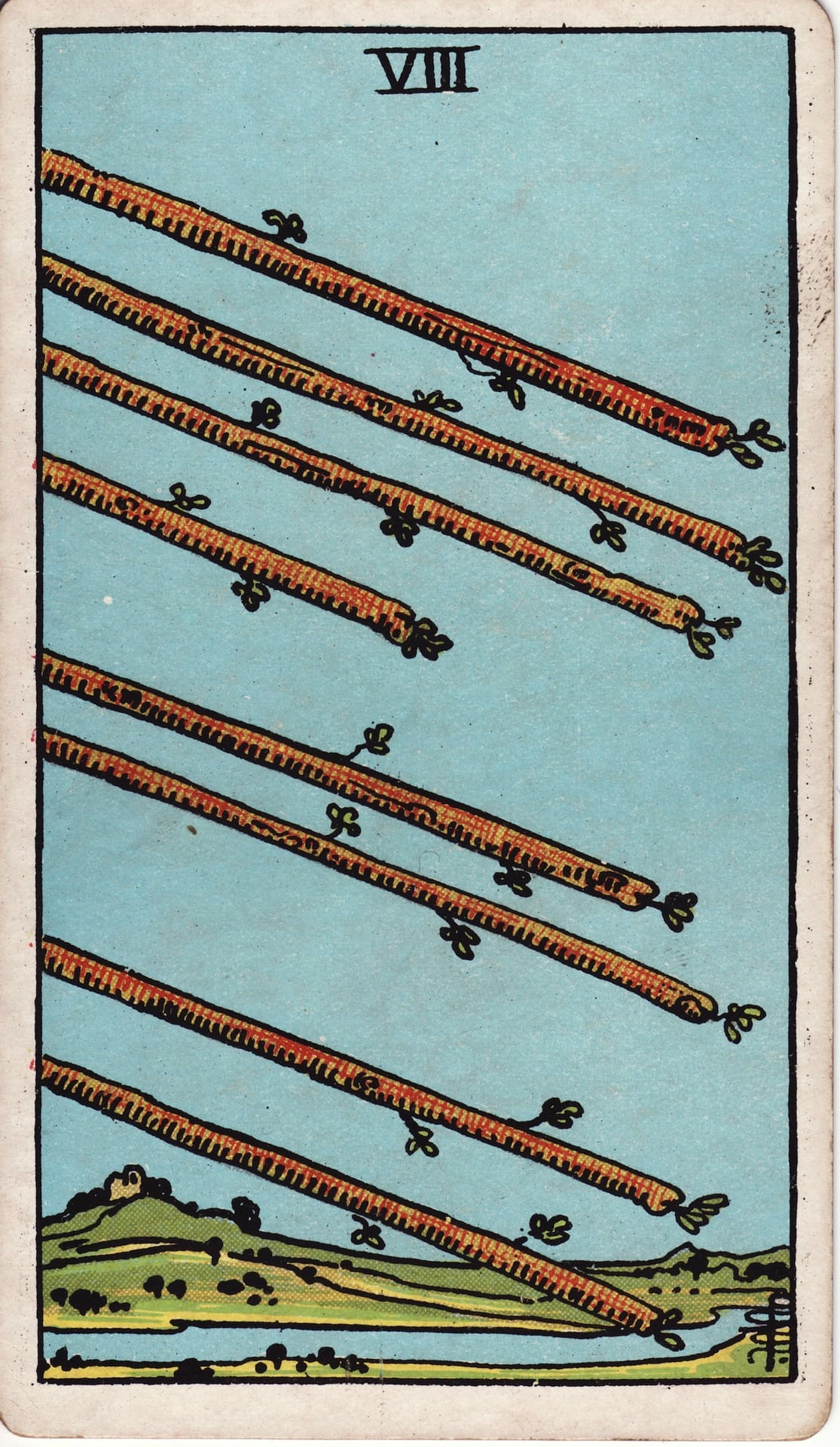 Ocho de Bastos tarot card - Arcanos menores - movimiento rápido, comunicación, cambio veloz