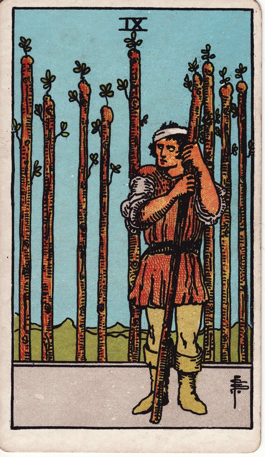 Nueve de Bastos tarot card - Arcanos menores - resiliencia, persistencia, prueba de fe