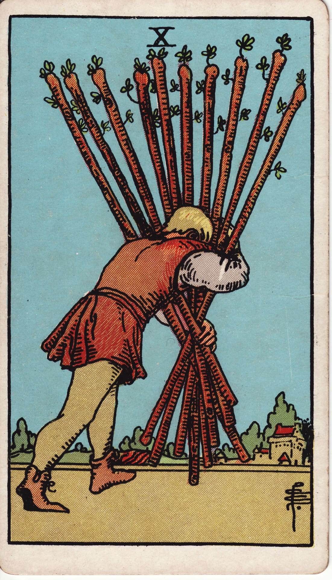 Diez de Bastos tarot card - Arcanos menores - carga, responsabilidad, esfuerzo