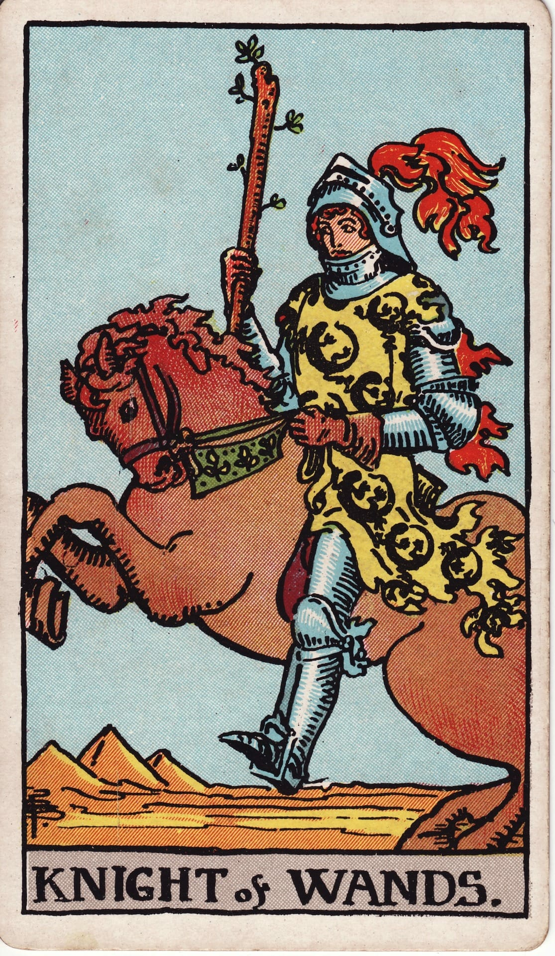 Caballero de Bastos tarot card - Arcanos menores - pasión, acción, aventura