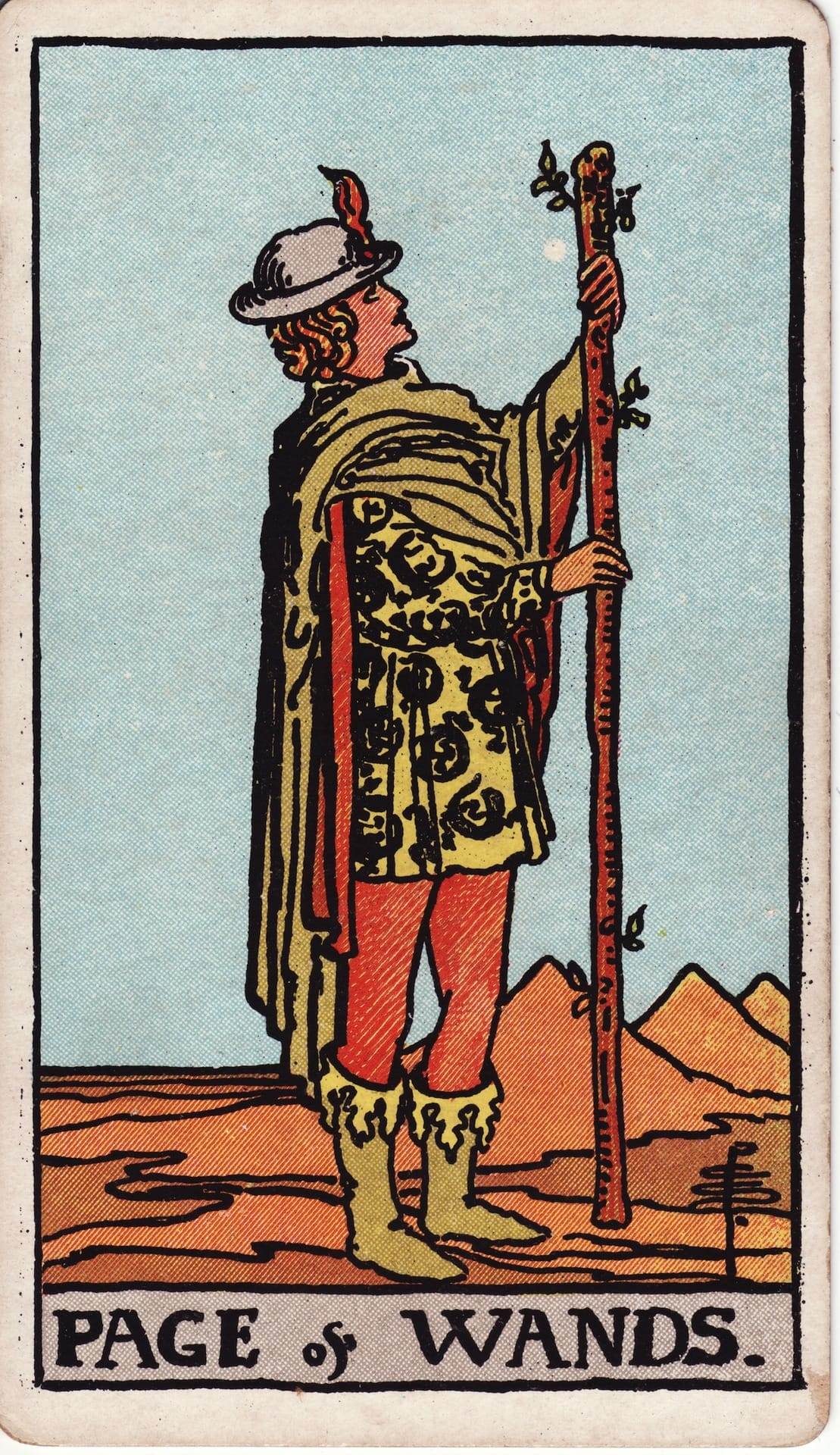 Sota de Bastos tarot card - Arcanos menores - entusiasmo, descubrimiento, mensaje creativo